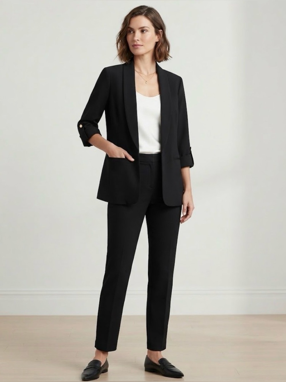 NWOT Anne Klein Black Open-Front Shawl Collar Blazer – Size M – Gold Buttons
